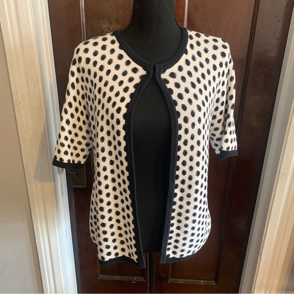 Chico’s Sz 3 Black and White Polka Dot Short Sleeve Cardigan 100% Cotton